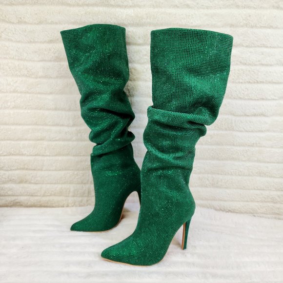 Radiant Emerald Green Rhinestone High Heel Slouch Knee High Boots - Picture 7 of 9